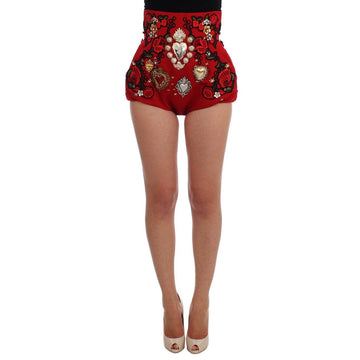 Dolce & Gabbana Red Silk Crystal-Embellished Mini Shorts