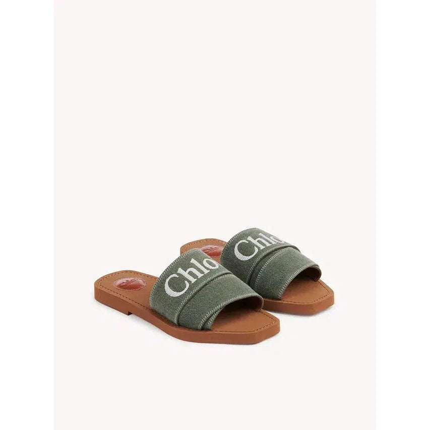 Chloé Forest Green Cotton Slides Woody Sandals