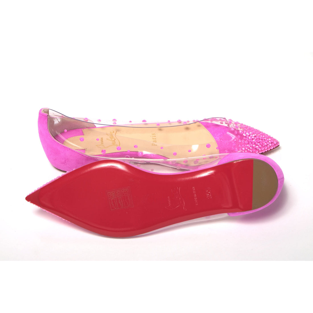 Christian Louboutin Hot Pink Suede Crystals Flat Point Toe Shoe