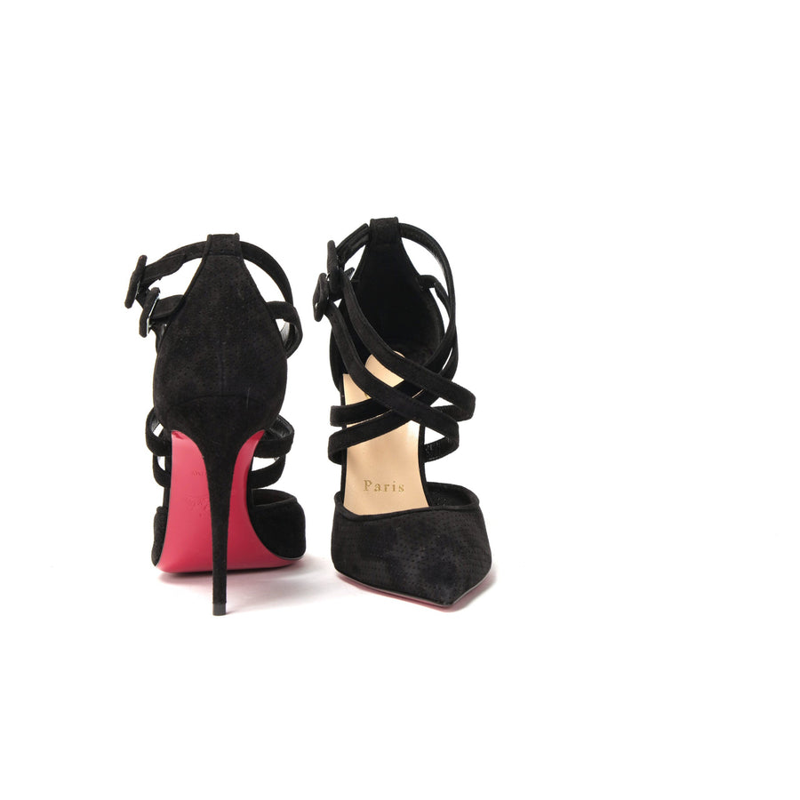 Christian Louboutin Black Velour Perforated Strappy High Heel Sandal 