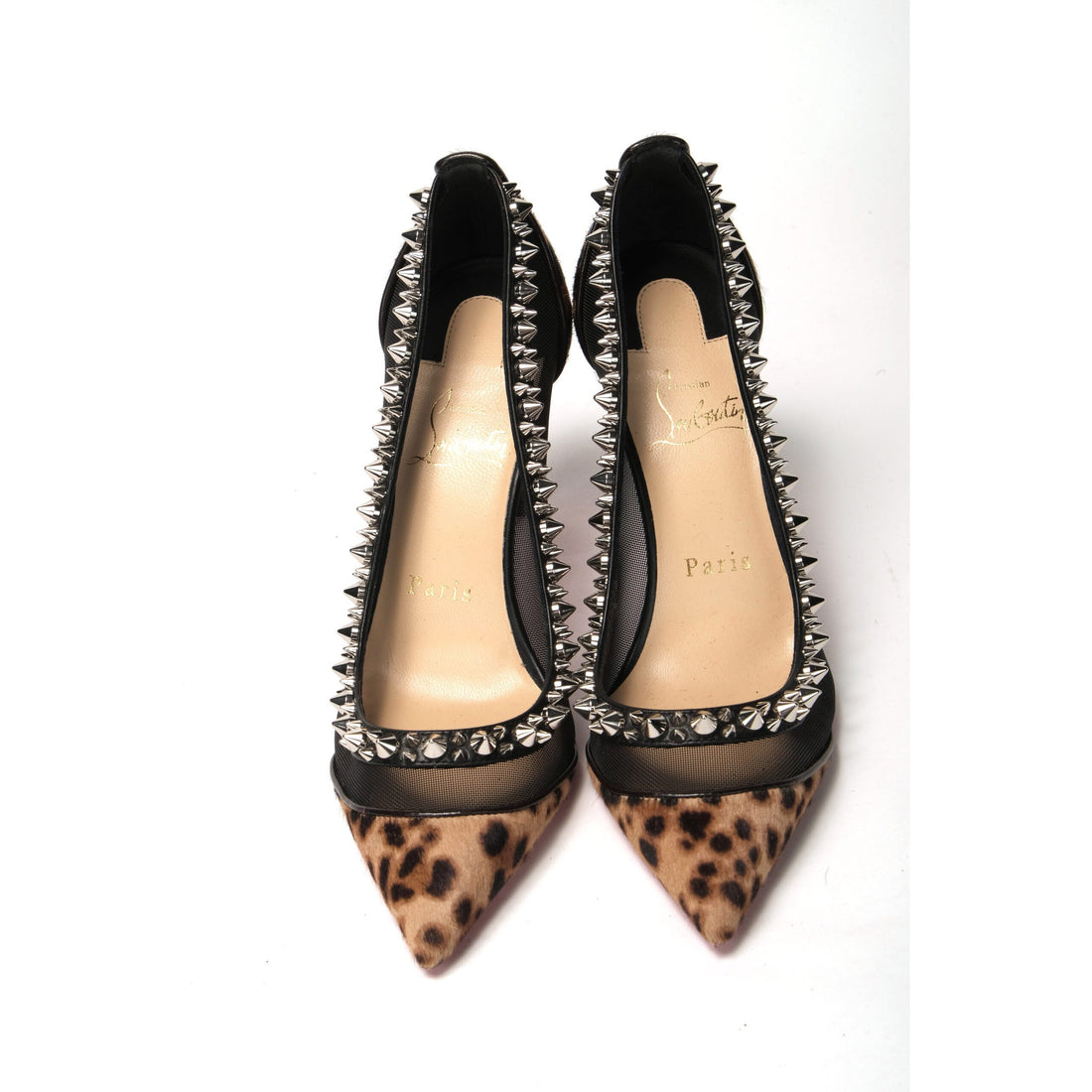 Christian Louboutin Brown Silver Leopard  Nappa And Mesh Studded High Heels Pumps