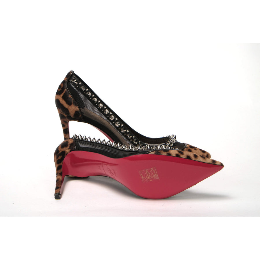 Christian Louboutin Brown Silver Leopard  Nappa And Mesh Studded High Heels Pumps