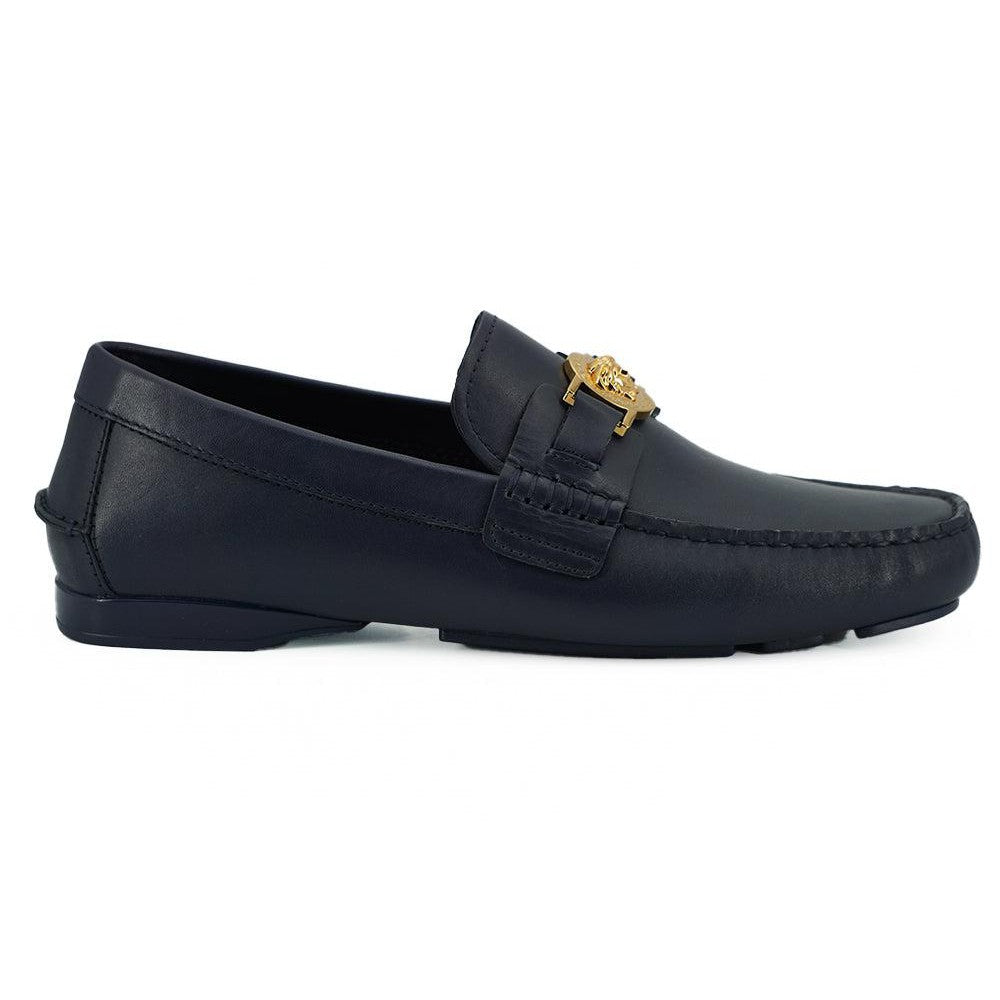 Versace Navy Blue Calf Leather Loafers Shoes