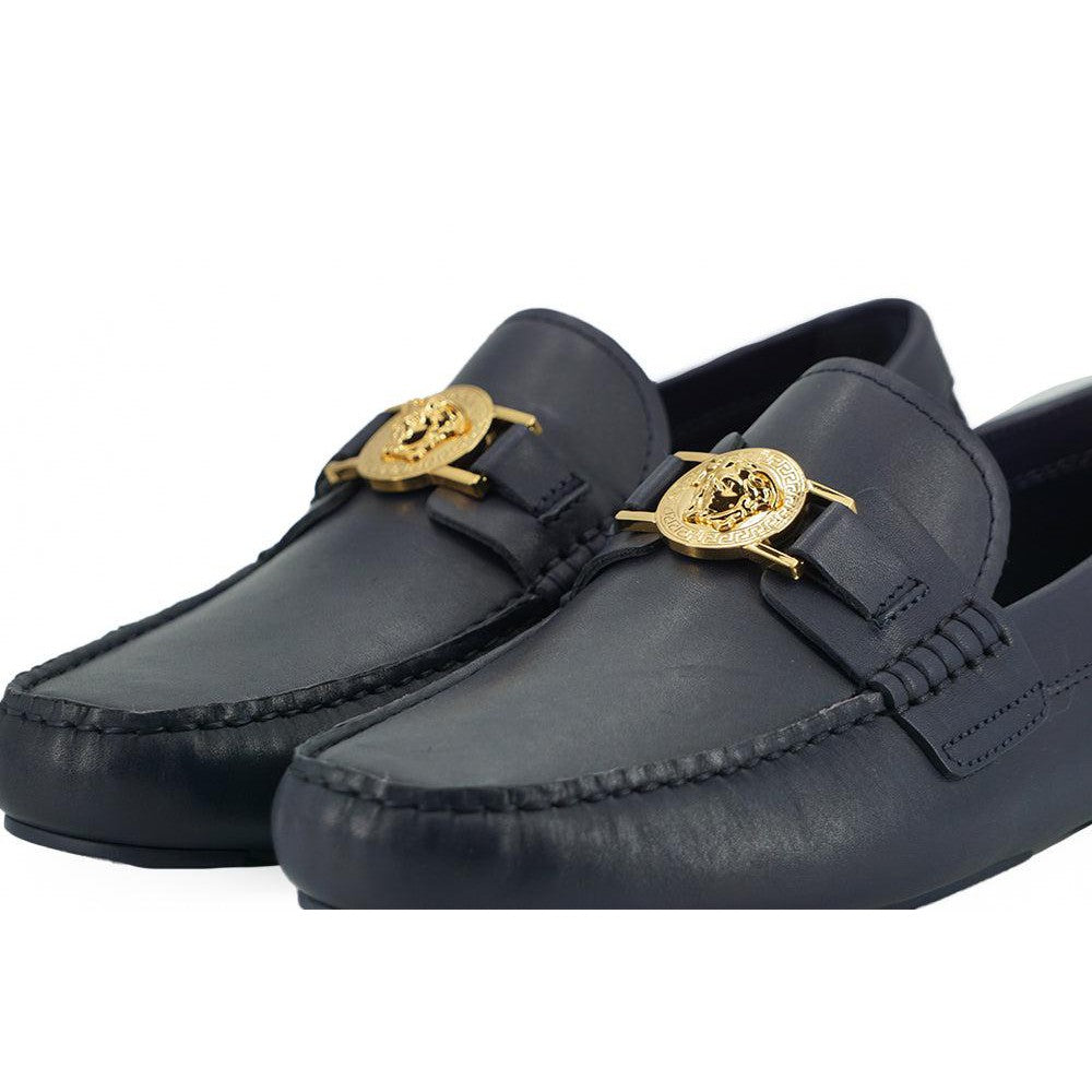 Versace Elegant Navy Blue Calf Leather Loafers