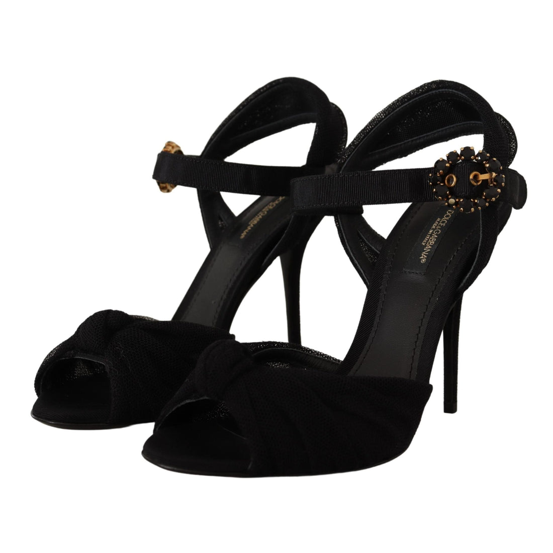 Dolce & Gabbana Black Tulle Ankle Strap Heels with Crystal Buckle