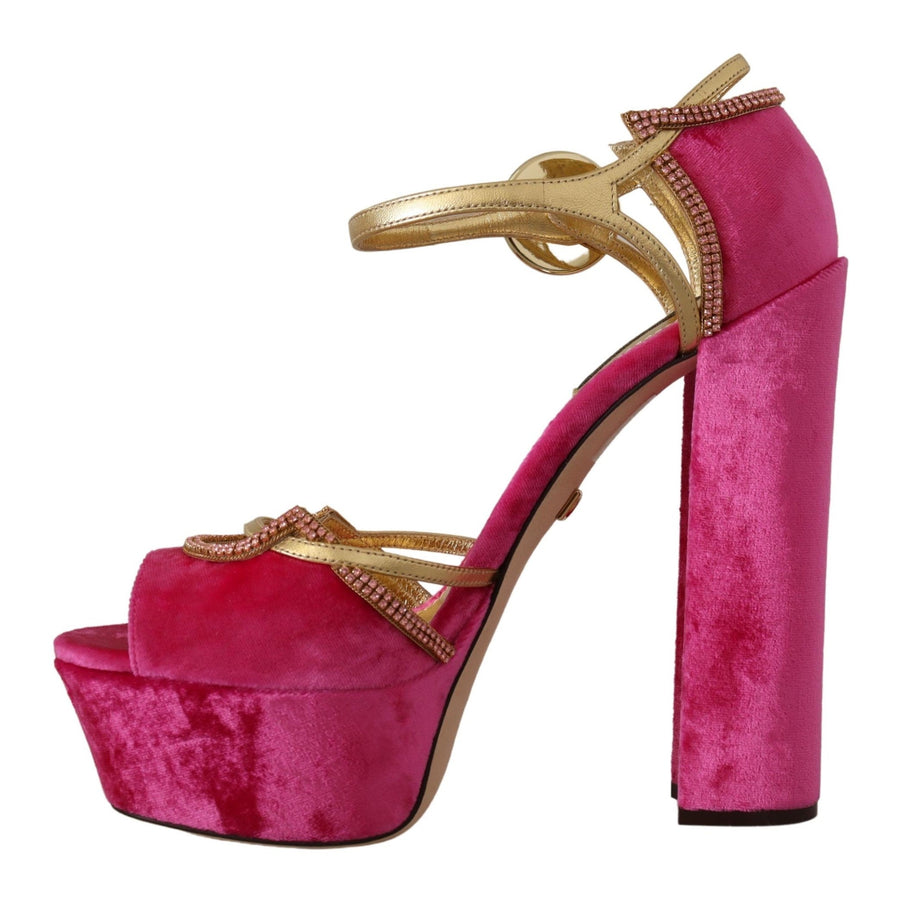Dolce & Gabbana Pink Velvet Crystal Ankle Strap Sandals Shoes
