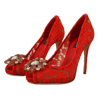 Dolce & Gabbana Red Taormina Lace Crystal Heels Pumps