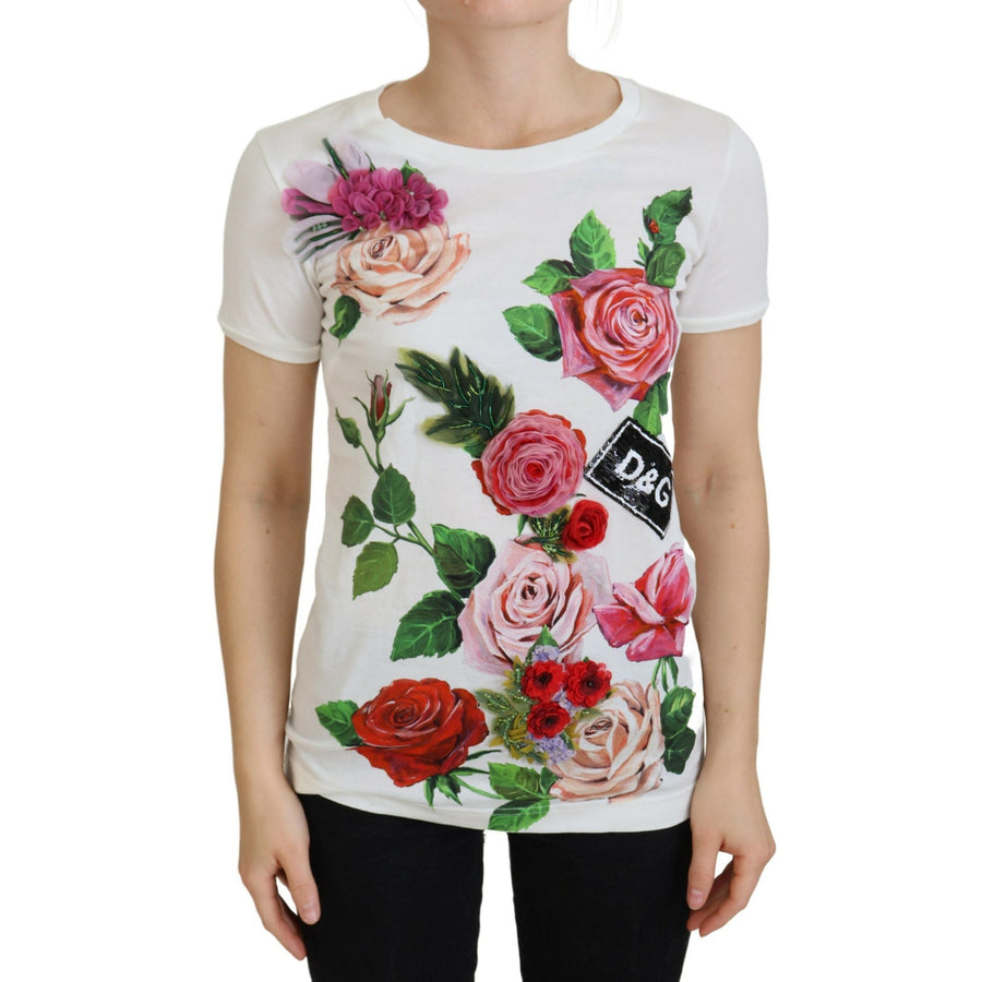 Dolce & Gabbana White Rose DGLogo Printed Short Sleeves Top