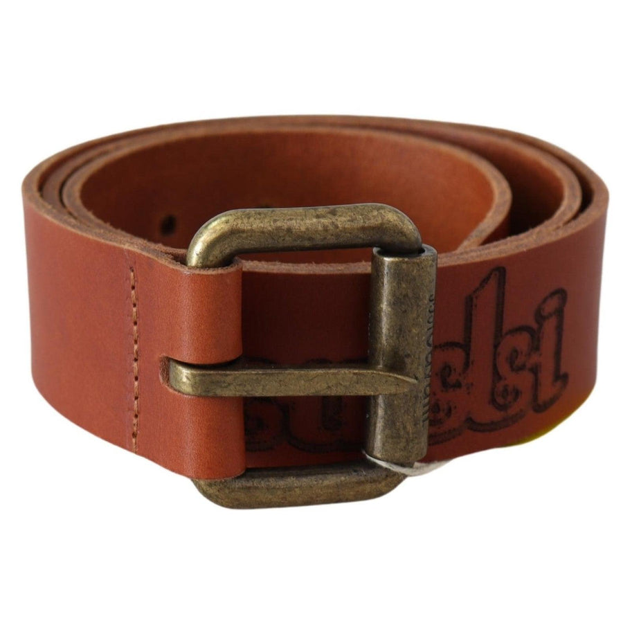 Just Cavalli Brown Leather Logo Bronze Rustic Metal Buckle Belt