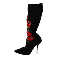 Dolce & Gabbana Black Stretch Socks Red Roses Booties Shoes