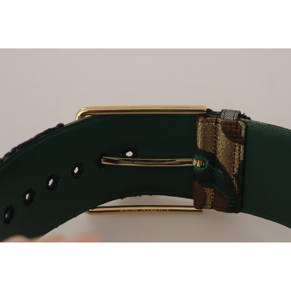 Dolce & Gabbana Green Jacquard Embroid Leather Gold Metal Buckle Belt