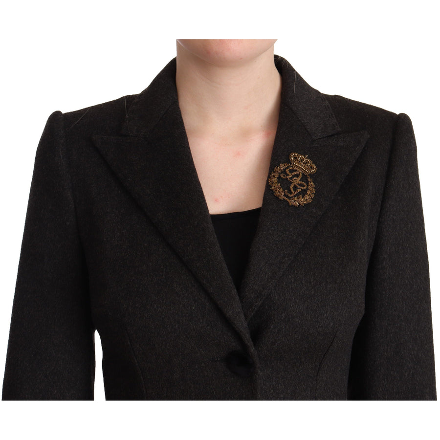 Dolce & Gabbana Gray Wool Cashmere Coat Crest Applique Jacket
