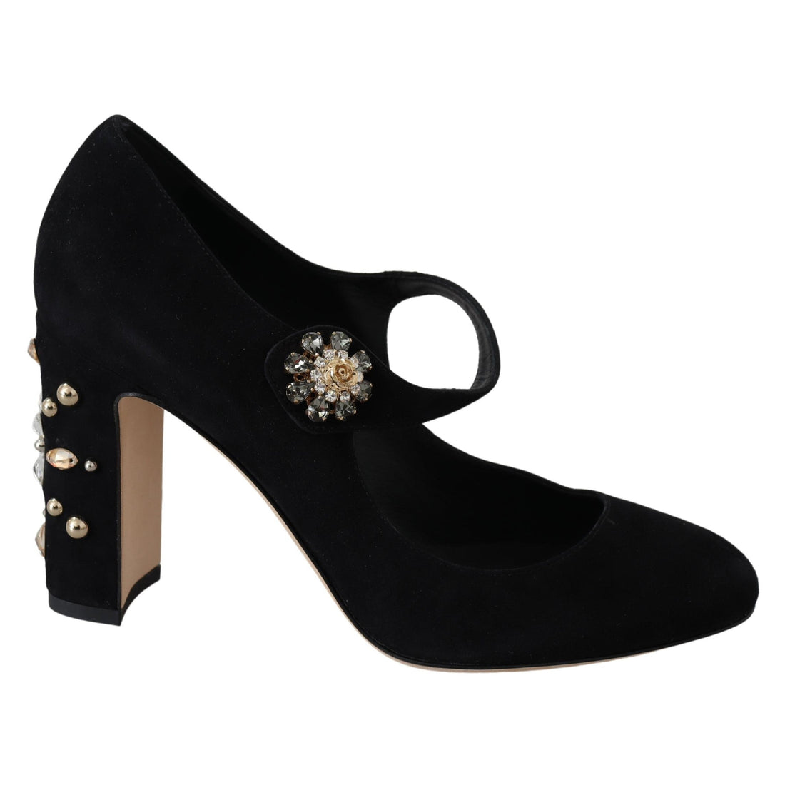 Dolce & Gabbana Black Suede Crystal Heels Mary Jane Shoes