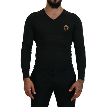 Dolce & Gabbana V-Neck Cashmere Sweater with Heart Embroidery