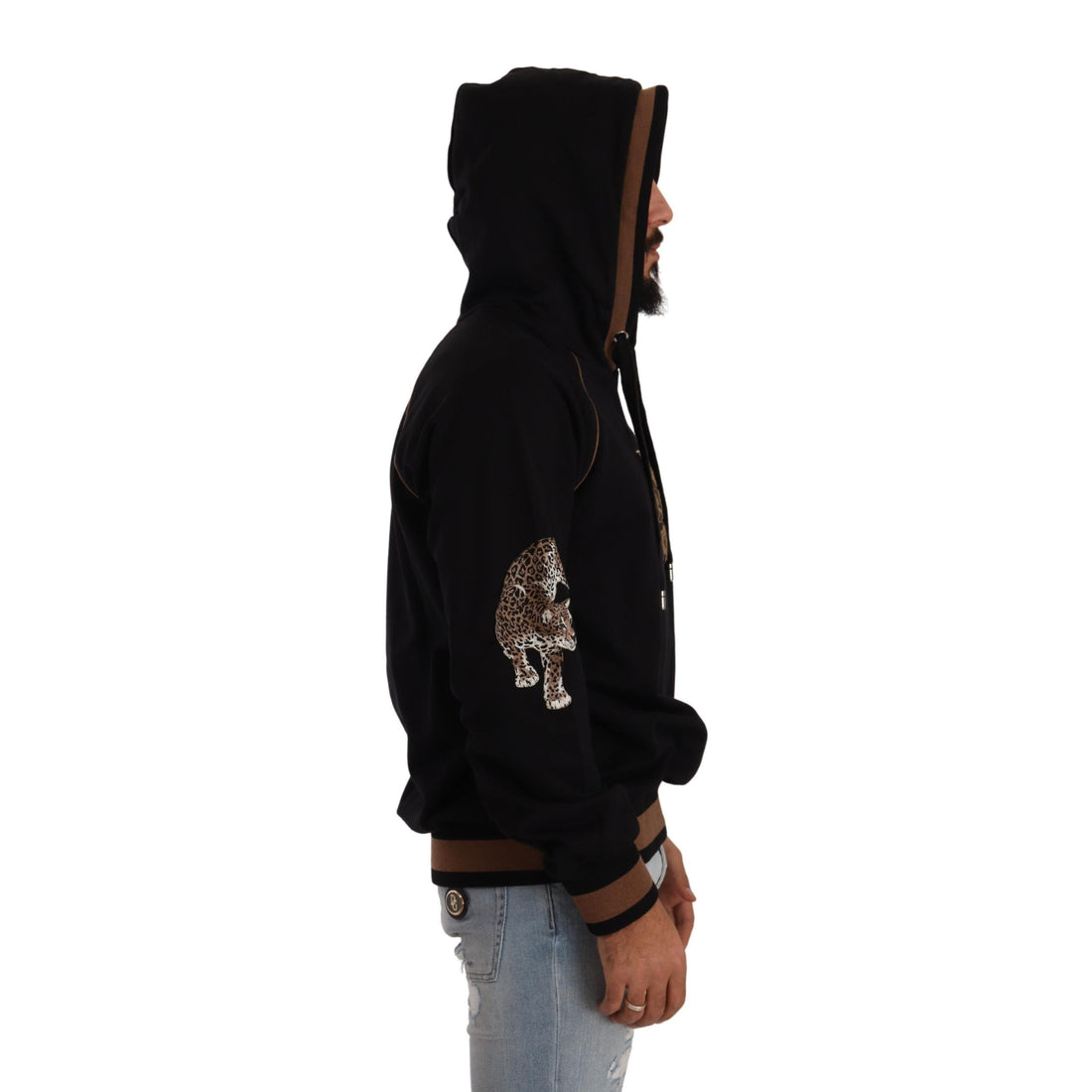 Dolce & Gabbana Black Brown Leopard Cotton Hooded Pullover Sweater