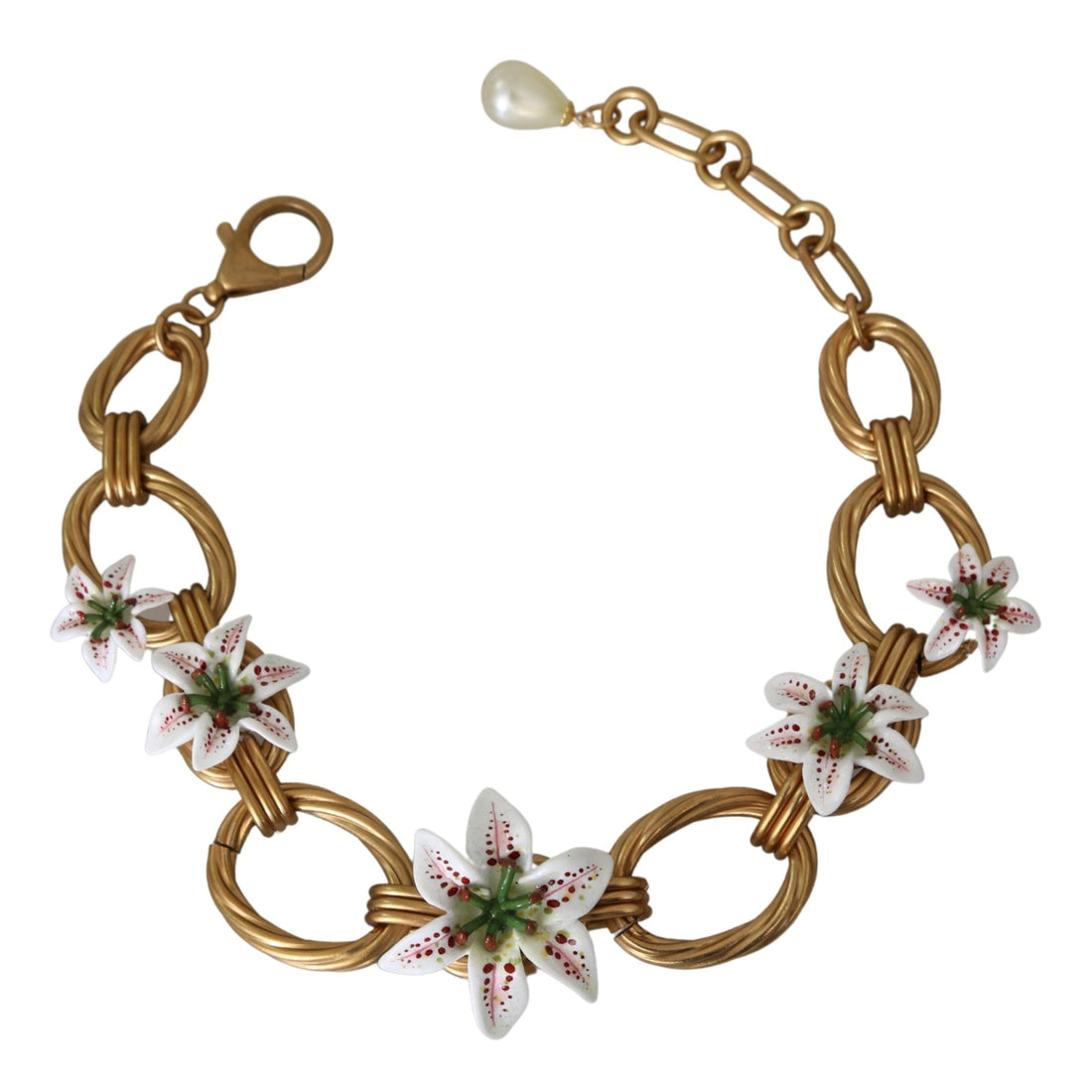 Dolce & Gabbana White Floral LILIUM Pendant Gold Chain Brass Pearl Necklace