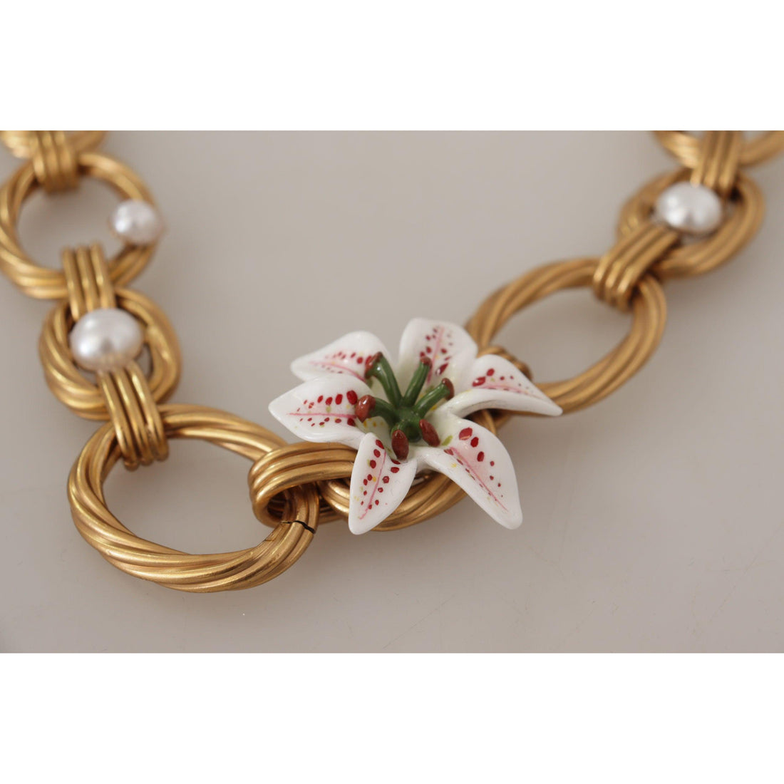 Dolce & Gabbana Gold White Lily Floral Chain Statement Necklace