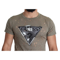 Guess Brown Cotton Stretch Logo Print Men Casual Perforated T-shirt