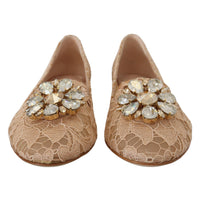 Dolce & Gabbana Elegant Beige Lace Vally Flats with Crystal Accent