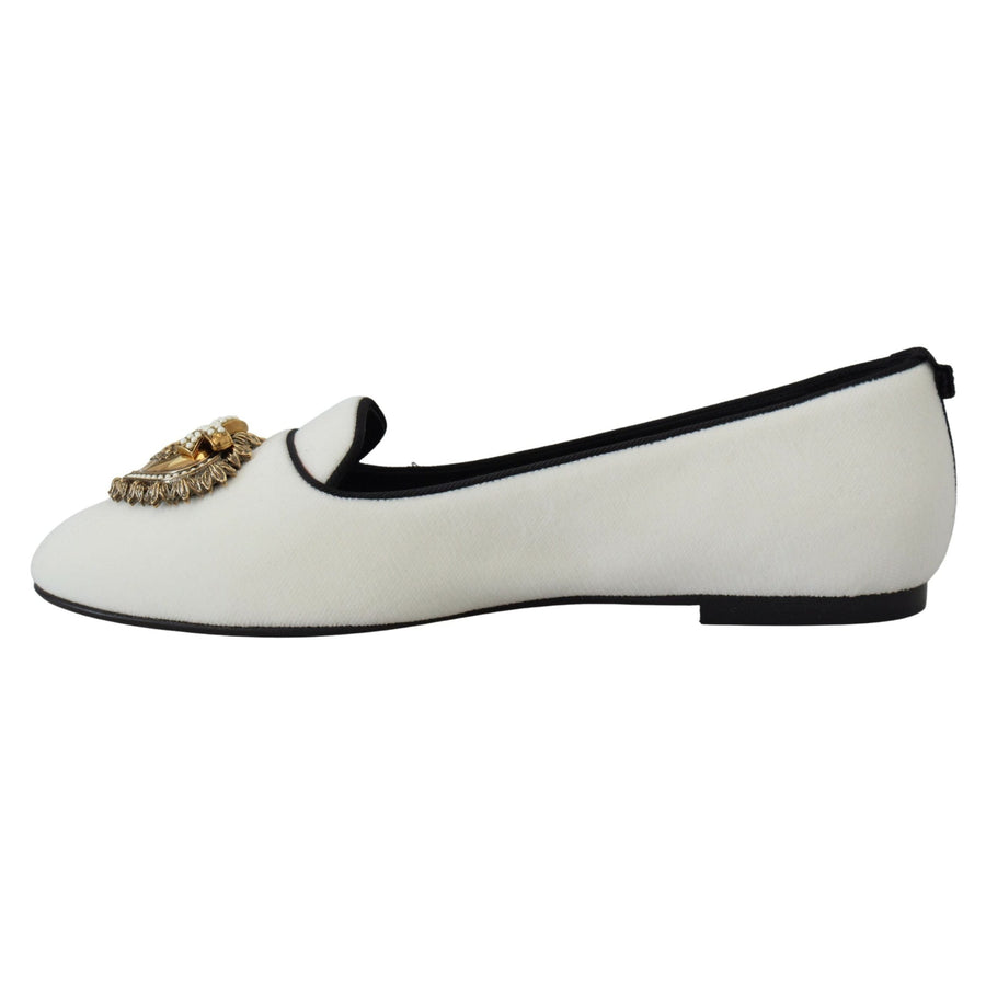 Dolce & Gabbana Elegant White Velvet Loafers with Gold Heart Detail