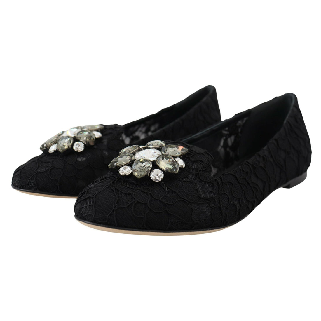 Dolce & Gabbana Black Taormina Lace Crystals Flats Shoes