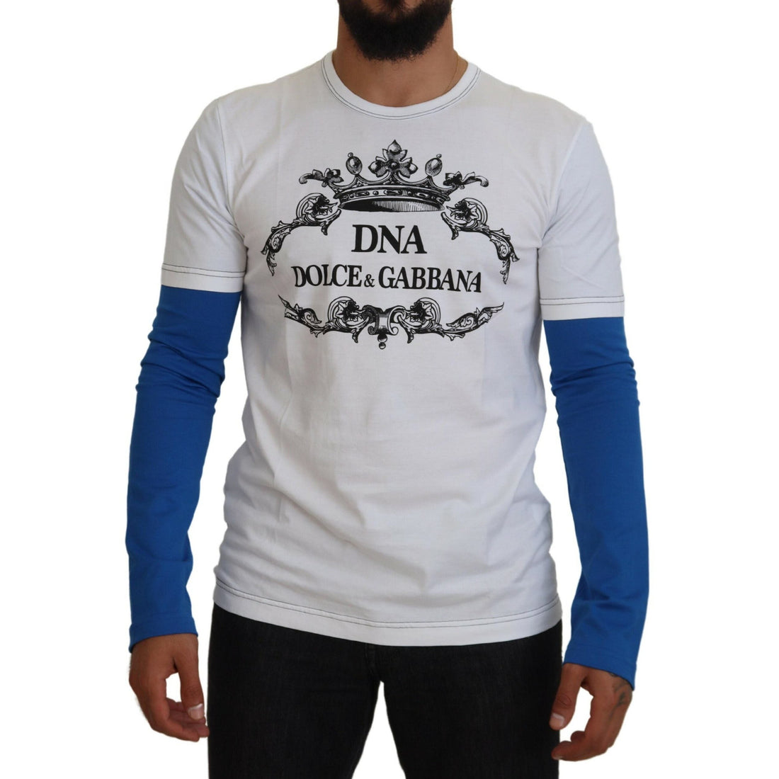 Dolce & Gabbana Blue White DNA Crewneck Pullover Sweater