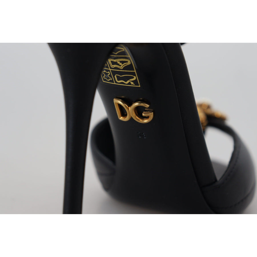 Dolce & Gabbana Black Leather Gold Devotion Heart Sandals Shoes