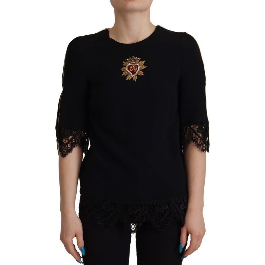 Dolce & Gabbana Elegant Beaded Logo Zip Sleeve Blouse