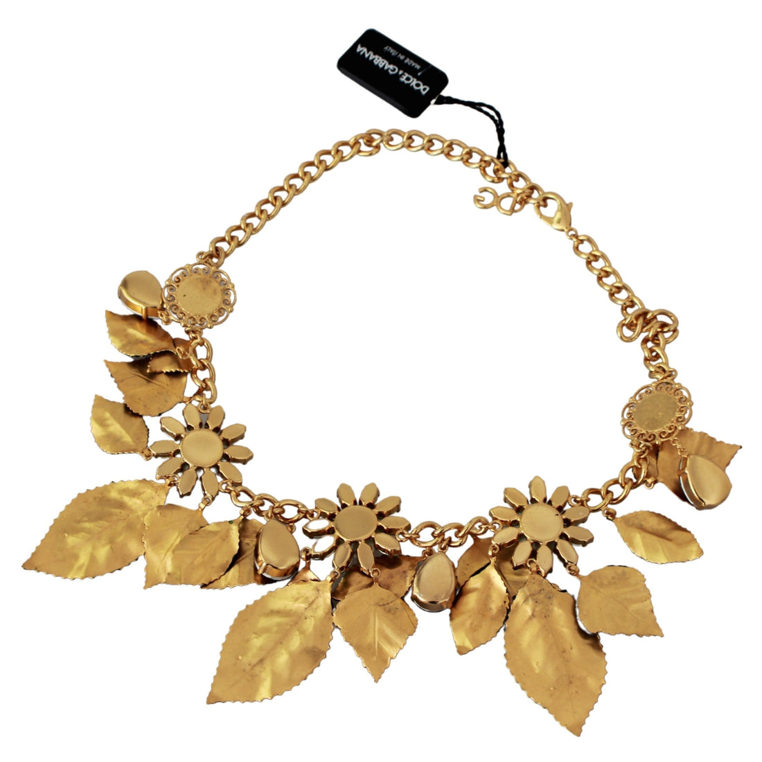 Dolce & Gabbana Floral Crystal Charm Gold Brass Statement Necklace