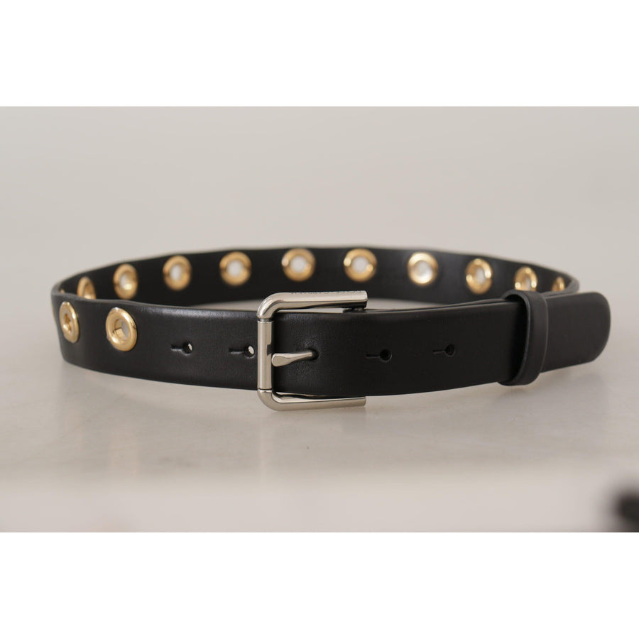 Dolce & Gabbana Chic Black Leather Belt with Engraved Buckle