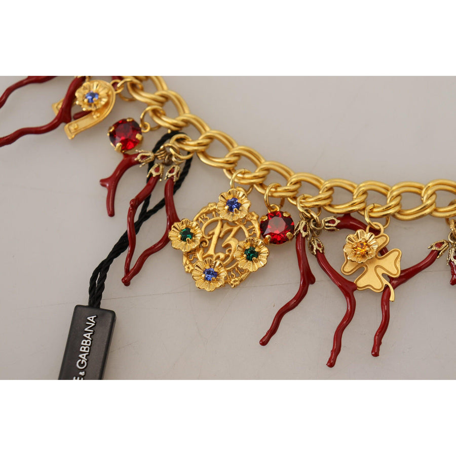Dolce & Gabbana Gold Brass Crystal Logo Chili Statement Necklace