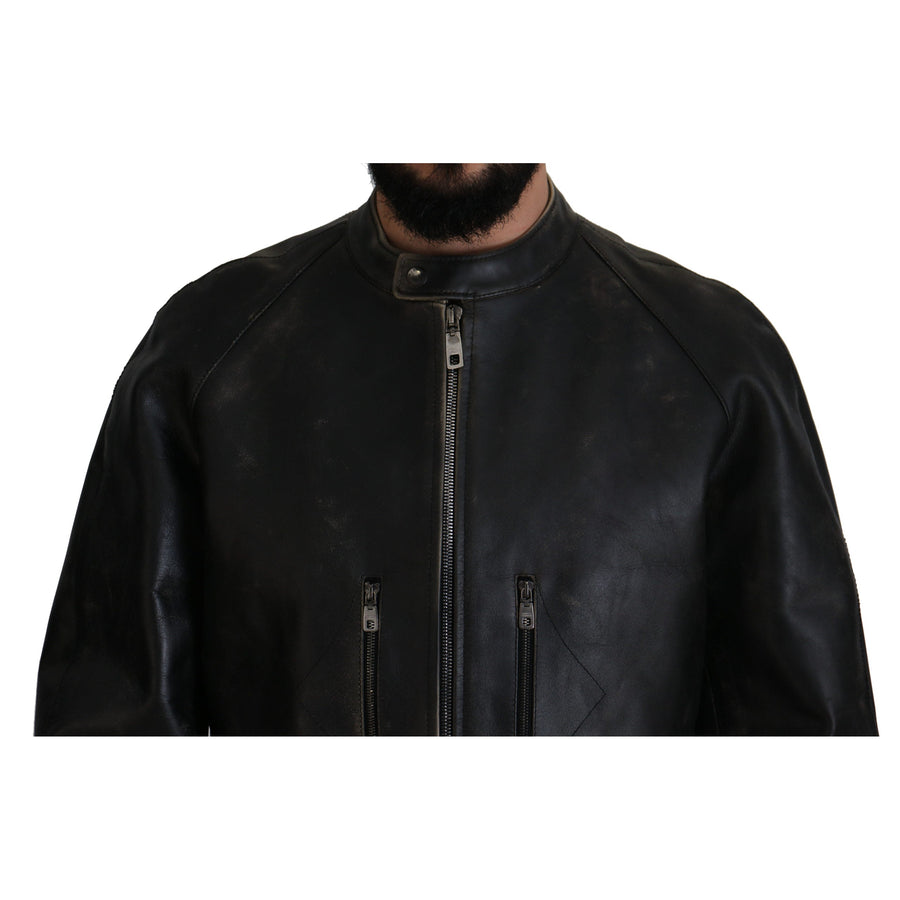Dolce & Gabbana Black Leather Zipper Biker Coat Jacket