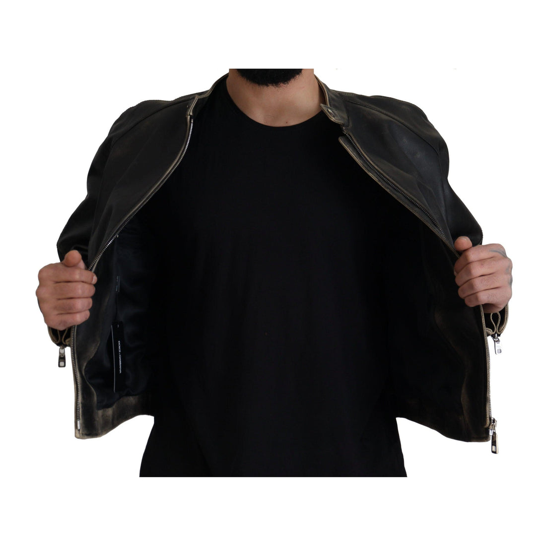 Dolce & Gabbana Elegant Black Leather Jacket with Silver Details