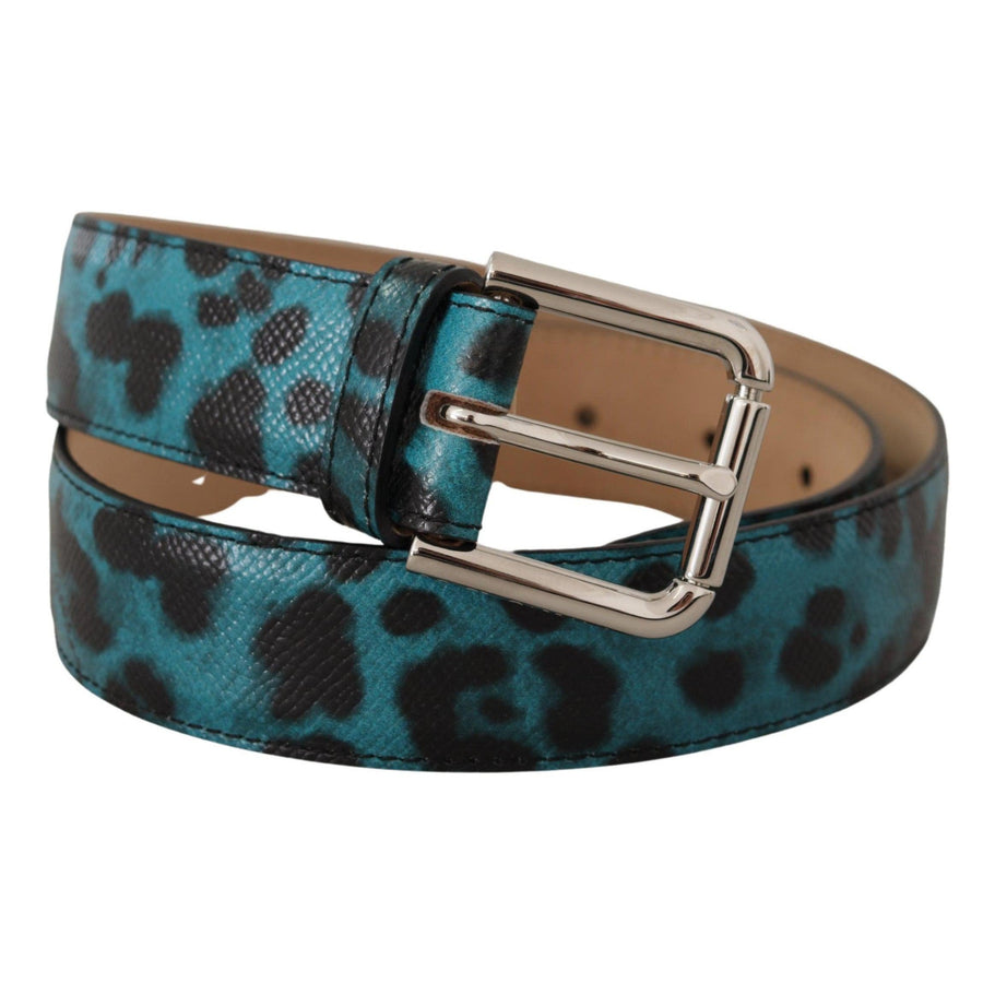 Dolce & Gabbana Blue Leopard Print Leather Logo Metal Buckle Belt