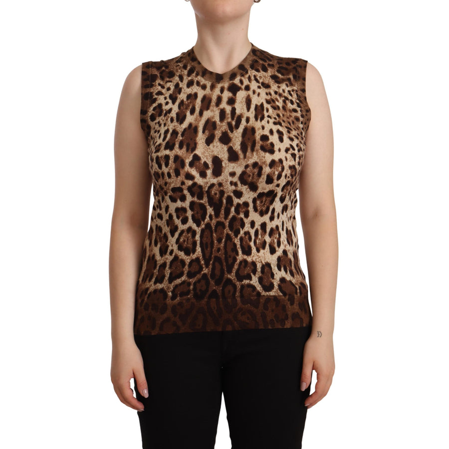 Dolce & Gabbana Brown Leopard Cashmere Silk Tank Blouse Top
