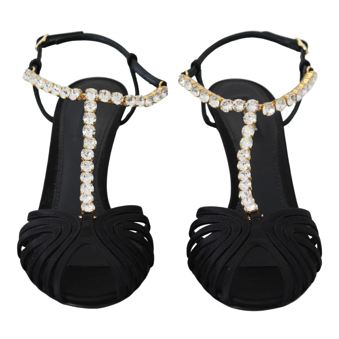 Dolce & Gabbana Black Satin Clear Crystal T-strap Sandal Shoes