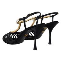 Dolce & Gabbana Black Satin Clear Crystal T-strap Sandal Shoes