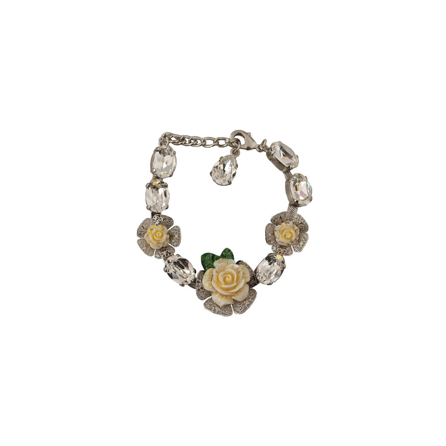 Dolce & Gabbana Silver Brass Chain Clear Crystal Floral Bracelet