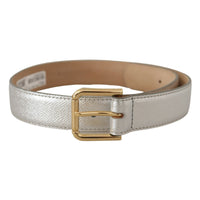 Dolce & Gabbana Silver Leather Gold Tone Logo Metal Waist Buckle Belt