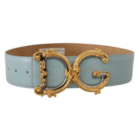 Dolce & Gabbana Blue Leather Wide Waist DG Logo Baroque Gold Buckle Belt