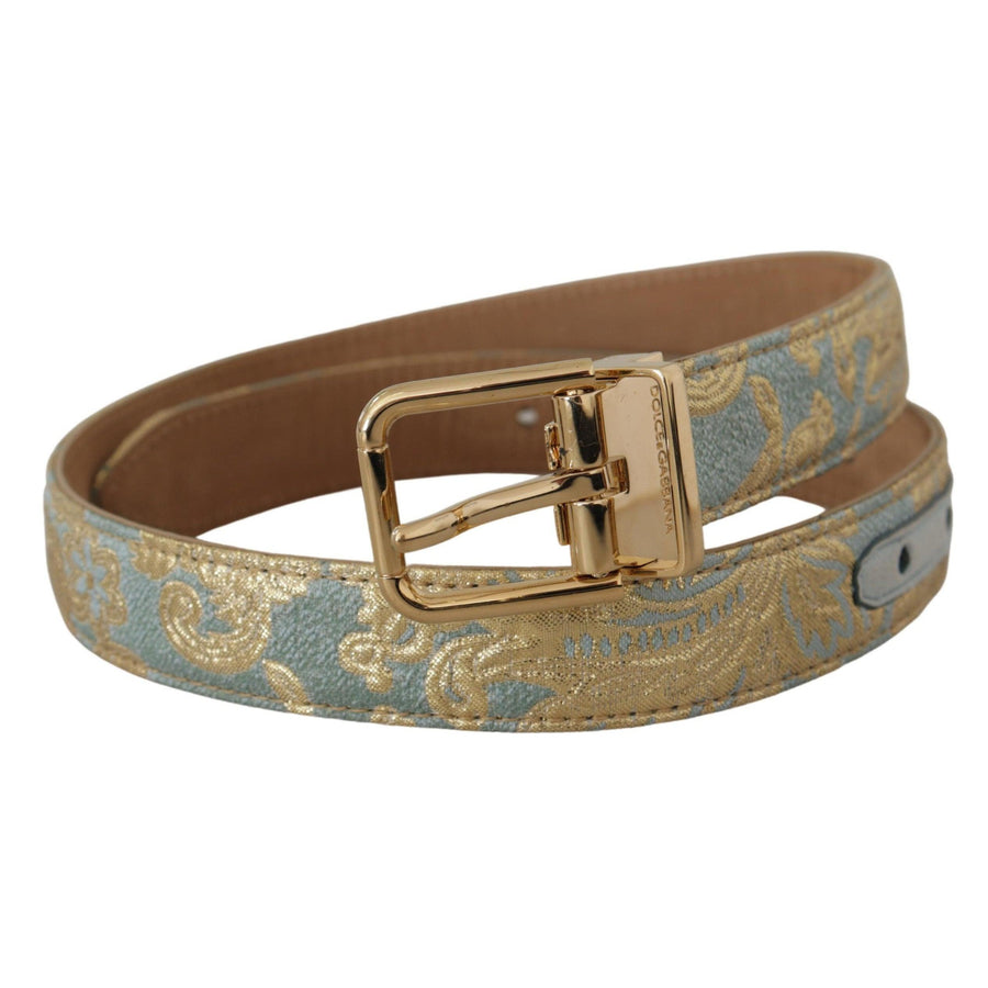 Dolce & Gabbana Blue Leather Jacquard Embossed Gold Metal Buckle Belt