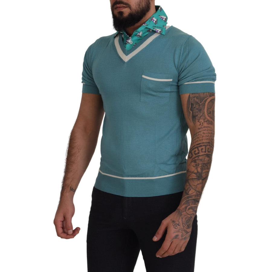 Dolce & Gabbana Blue Silk Polo Top Mens V-neck  T-shirt