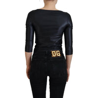 Dolce & Gabbana Elegant Black 3/4 Sleeve Top with Gold Detailing