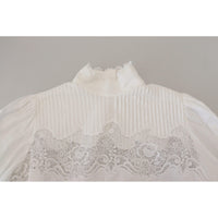 Dolce & Gabbana White Cotton Lace Trim Turtle Neck Blouse Top