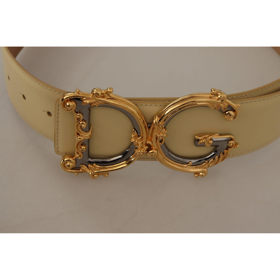 Dolce & Gabbana Beige Leather Engraved Buckle Belt