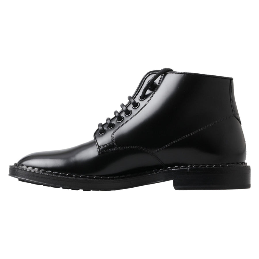 Dolce & Gabbana Black Leather Men Short Boots Lace Up Shoes