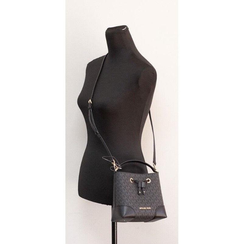 Michael Kors Mercer Small Black Signature Leather Bucket Crossbody Handbag Purse
