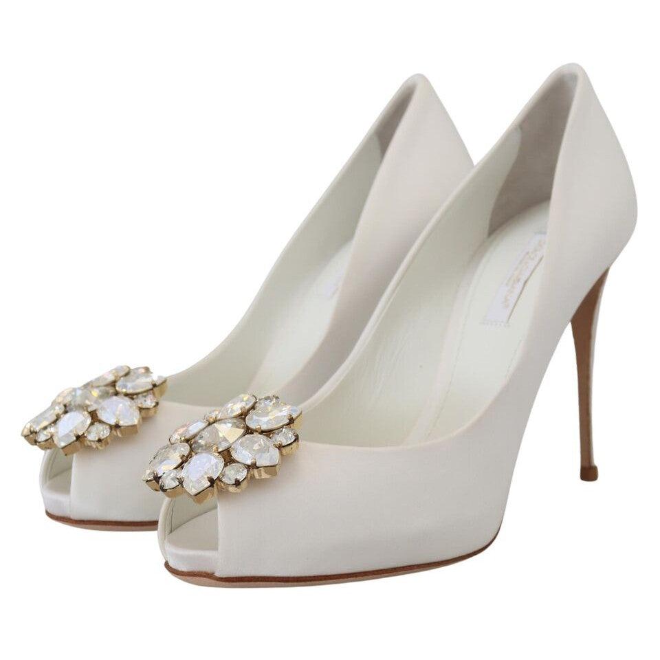 Dolce & Gabbana White Crystals Peep Toe Heel Satin Pumps