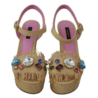 Dolce & Gabbana Beige Rhinestones Wedge Heel Sandals Shoes - Paris Deluxe