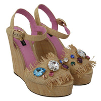 Dolce & Gabbana Beige Rhinestones Wedge Heel Sandals Shoes - Paris Deluxe
